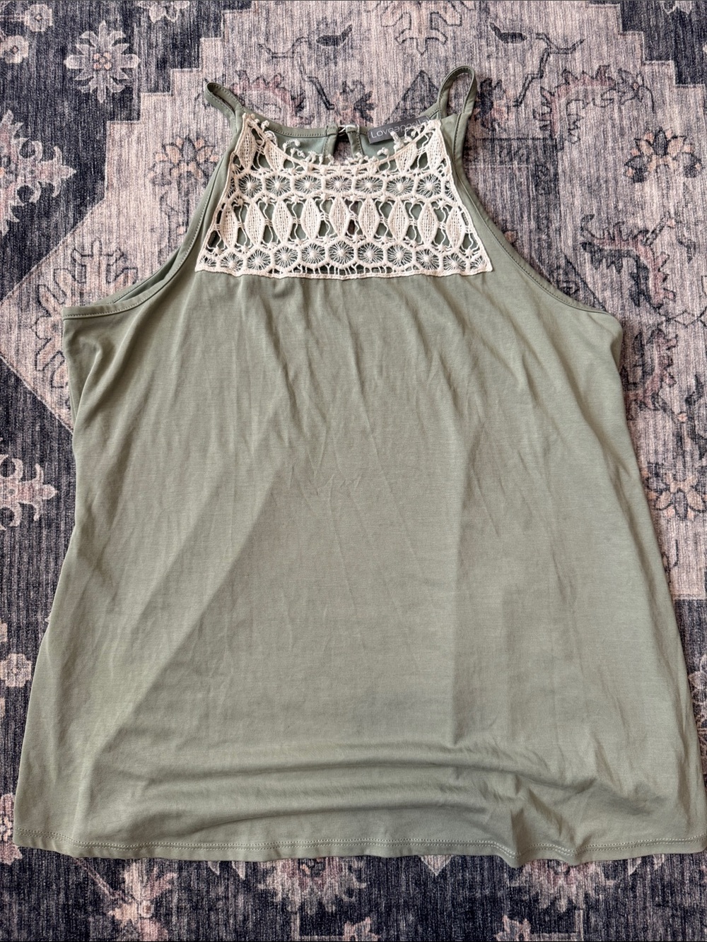 Loveappella Olive Green Tank with Cream Crochet Yoke